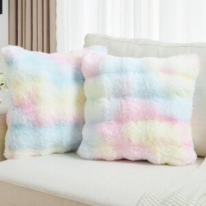 Pastel Rainbow Faux Fur Pillow Covers Tie Dye Heart Zipper Set of 2